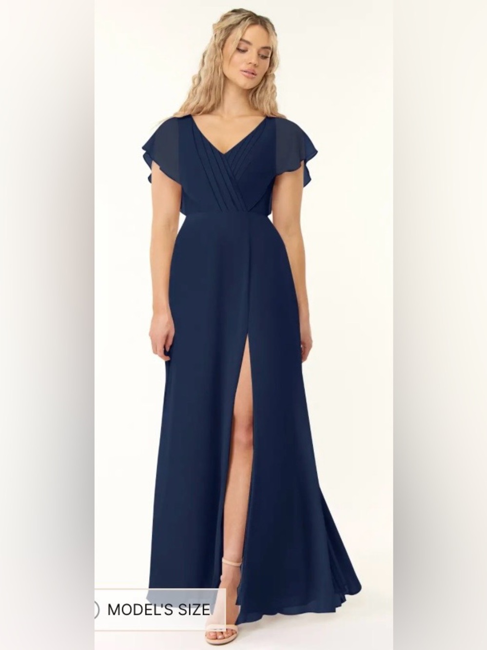 Azazie Pamela Dark Navy Blue Flutter-Sleeve V-Neck Evening Dress